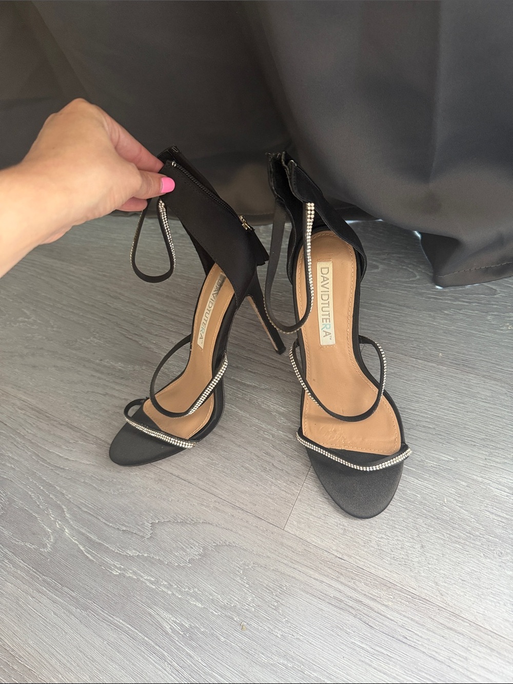 David Tutera Black Stiletto Dress Sandals with Rhinestone Straps